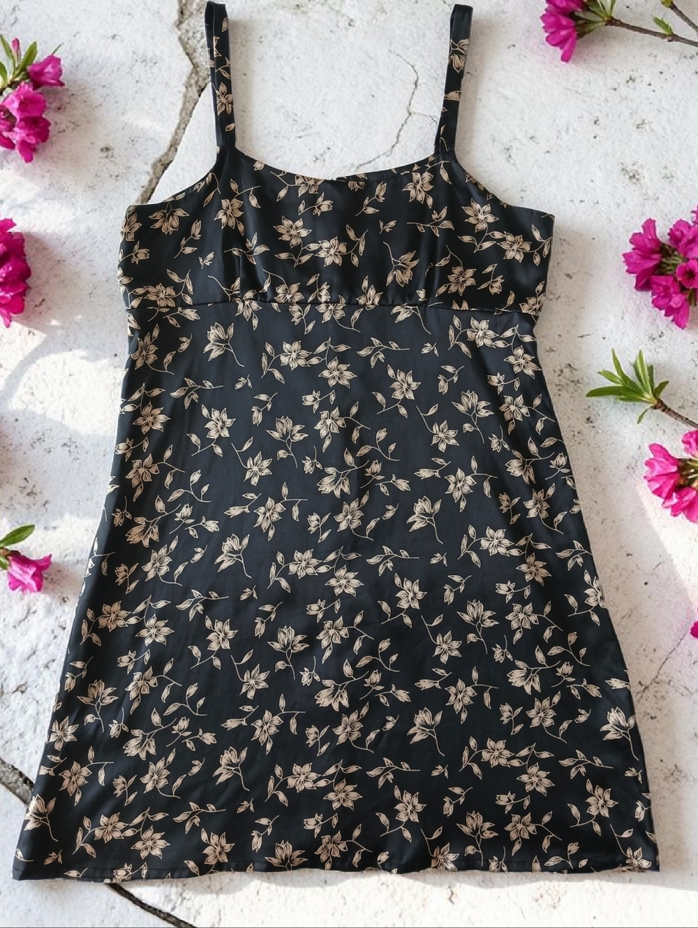 100% Silk Black Floral Etam Camisole Slip Dress